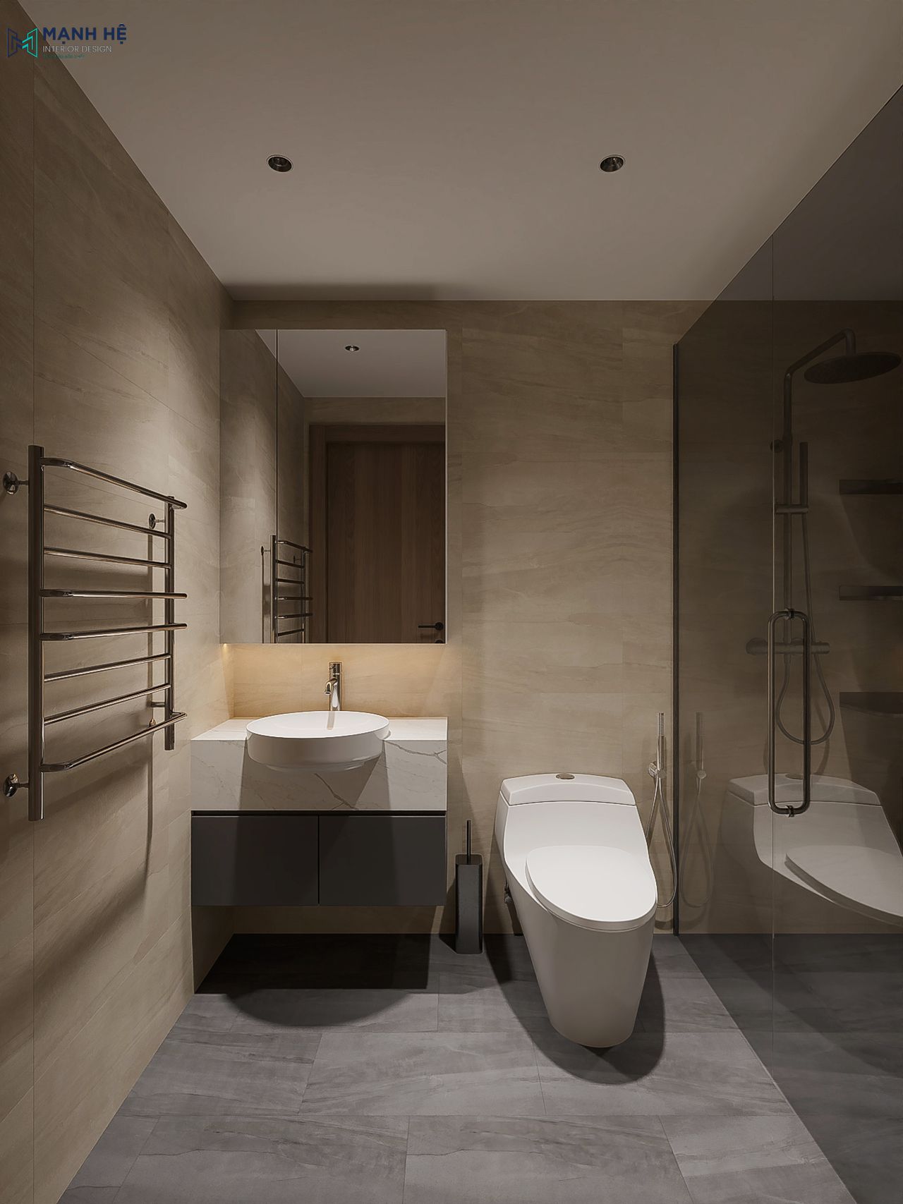 Nội thất phòng tắm tiện nghi với tủ lavabo treo tường và gương tích hợp đèn LED chiếu sáng tinh tế