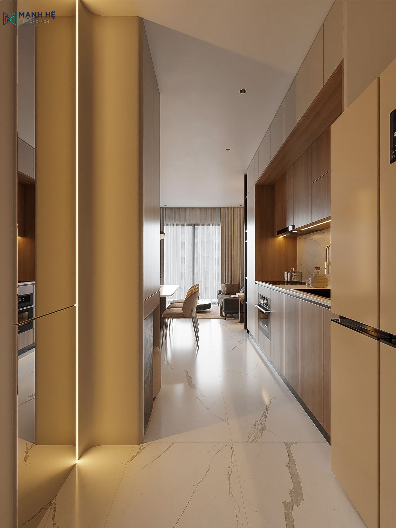 Thiết kế lối đi nhỏ gọn với hệ tủ kịch trần kết hợp ánh sáng gián tiếp từ vách gương ốp tường