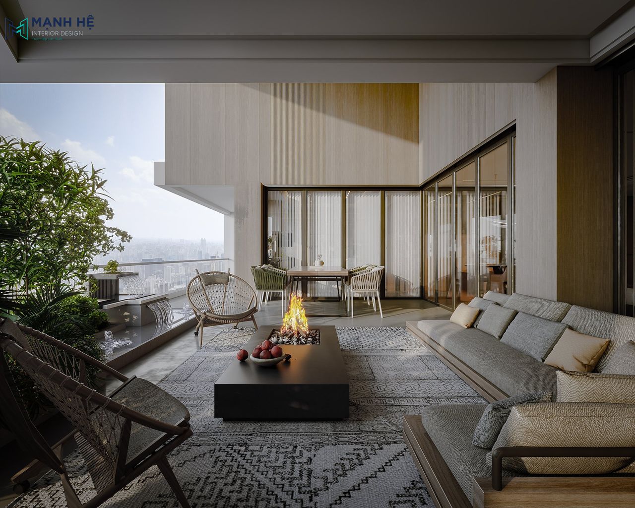 Tổng quan không gian ban công chung cư với thiết kế hiện đại, ấm cúng nổi bật với góc cây xanh