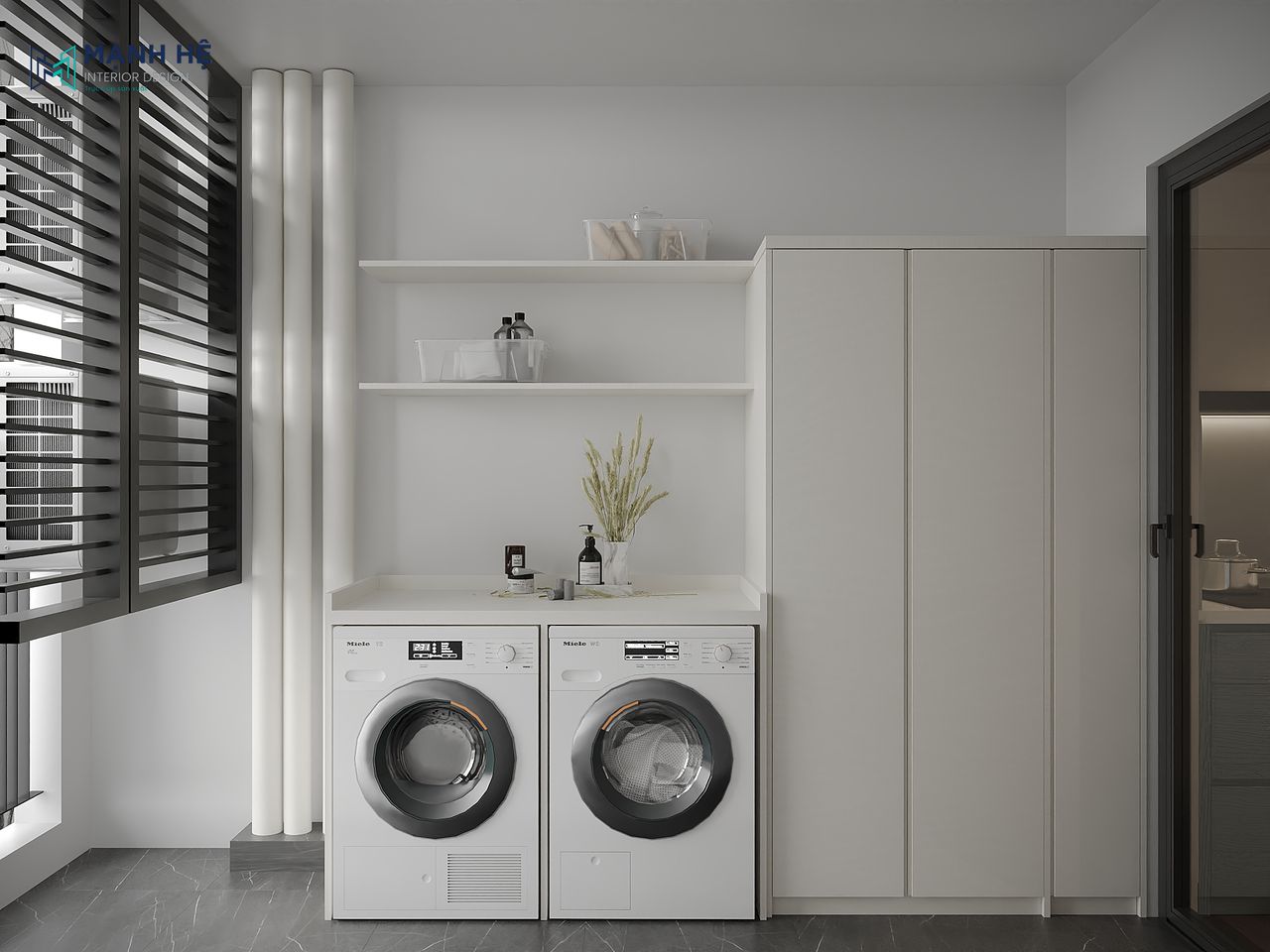 Tủ đựng đồ cánh kéo và tủ treo trên máy giặt giúp tối ưu diện tích lưu trữ và cho không gian tinh tế