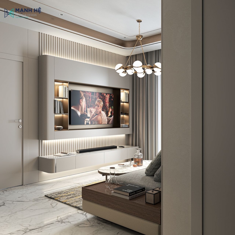 Kệ tivi treo tường kế hợp kệ trang trí được thiết kế bo góc giúp không gian tinh tế