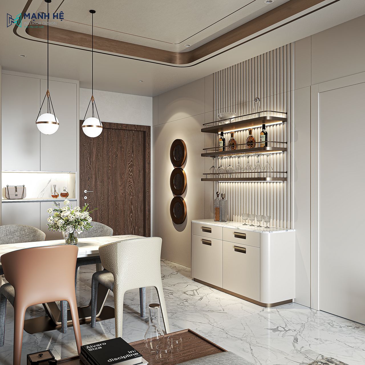 Căn bếp thêm bắt mắt nhờ kệ rượu treo tường kết hợp vách ốp lam gỗ chạy đèn LED