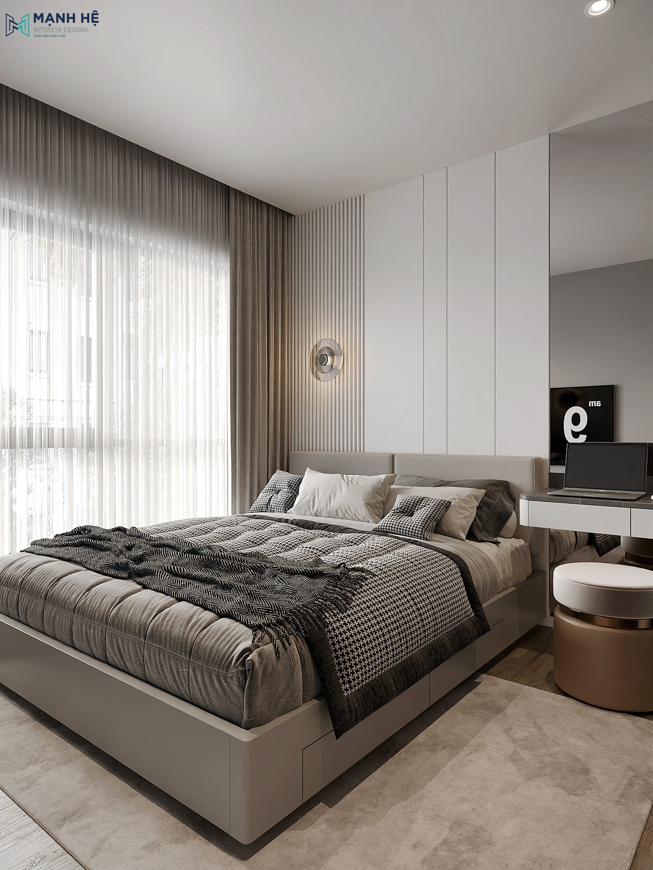 Giường ngủ thiết kế dạng hộp với màu xám trung tính kết hợp cùng vách đầu giường ốp lam sóng và vách phẳng màu be