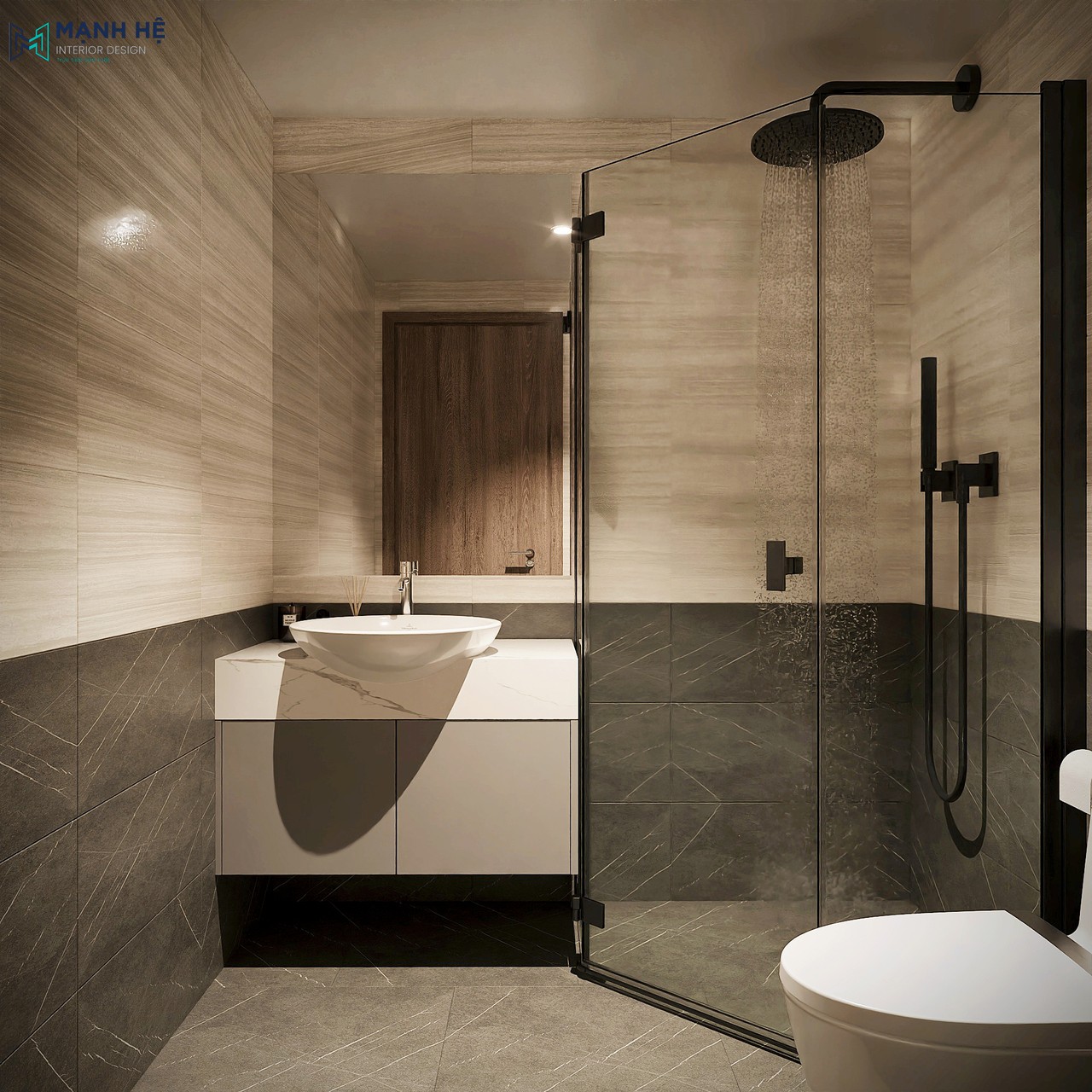 Mẫu tủ lavabo 2 cánh mở tay nắm âm tạo sự liền mạch kết hợp với bồn rửa mặt ốp đá trắng vân mây cao cấp