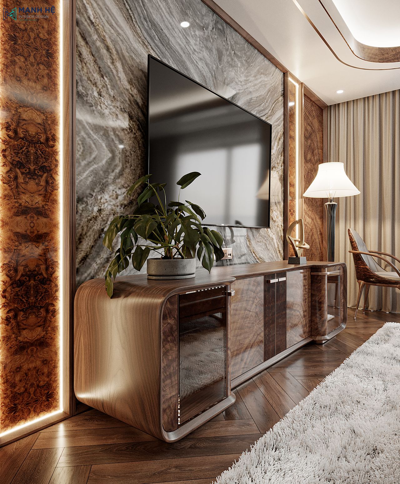Vách tivi được ốp đá marble vân xám làm điểm nhấn với viền đá marble màu nâu gỗ và hệ thống đèn LED hai bên
