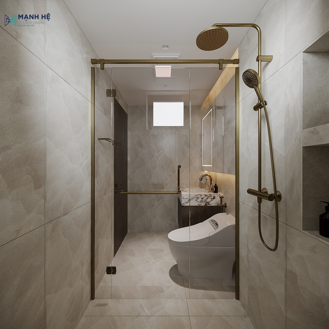 Buồng tắm đứng với vách ngăn kính trong suốt tạo cảm giác liền mạch và rộng rãi cho không gian tích hợp ô âm tường