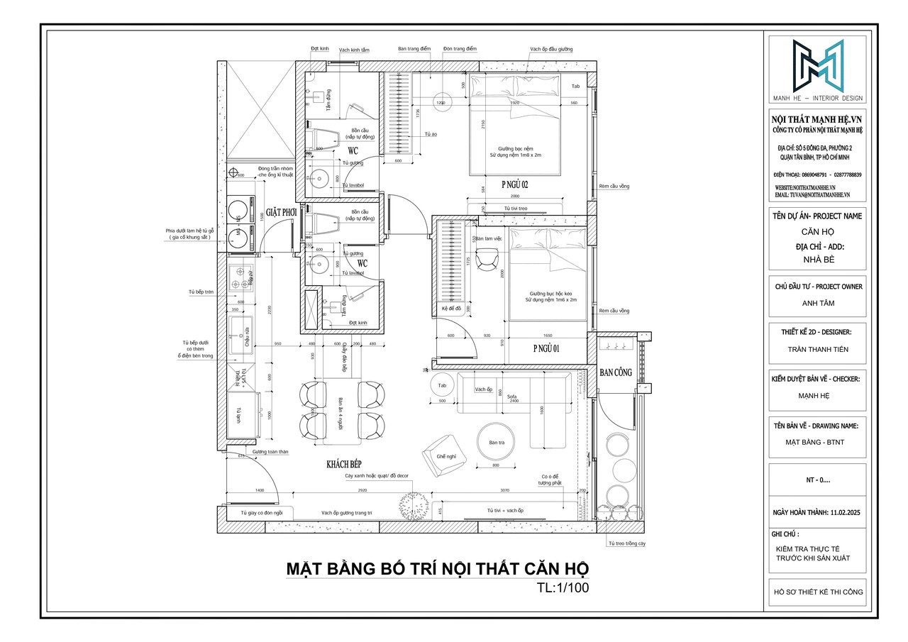 Bản vẽ chi tiết không gian bố trí nội thất trong căn hộ Celesta Rise gồm 2 phòng ngủ