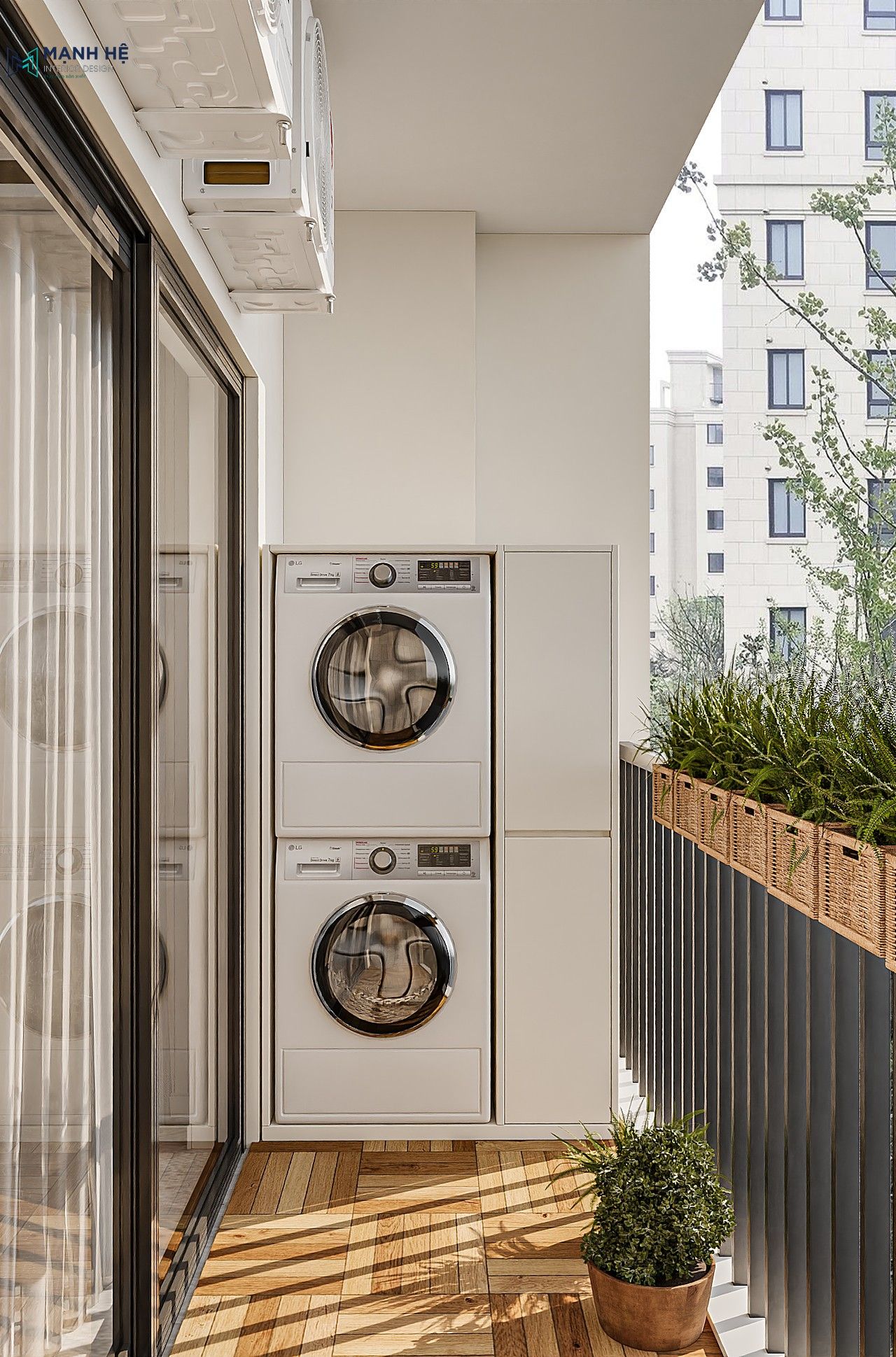 Máy giặt ban công chung cư được bảo vệ nhờ kệ máy giặt kèm ngăn chứa đồ