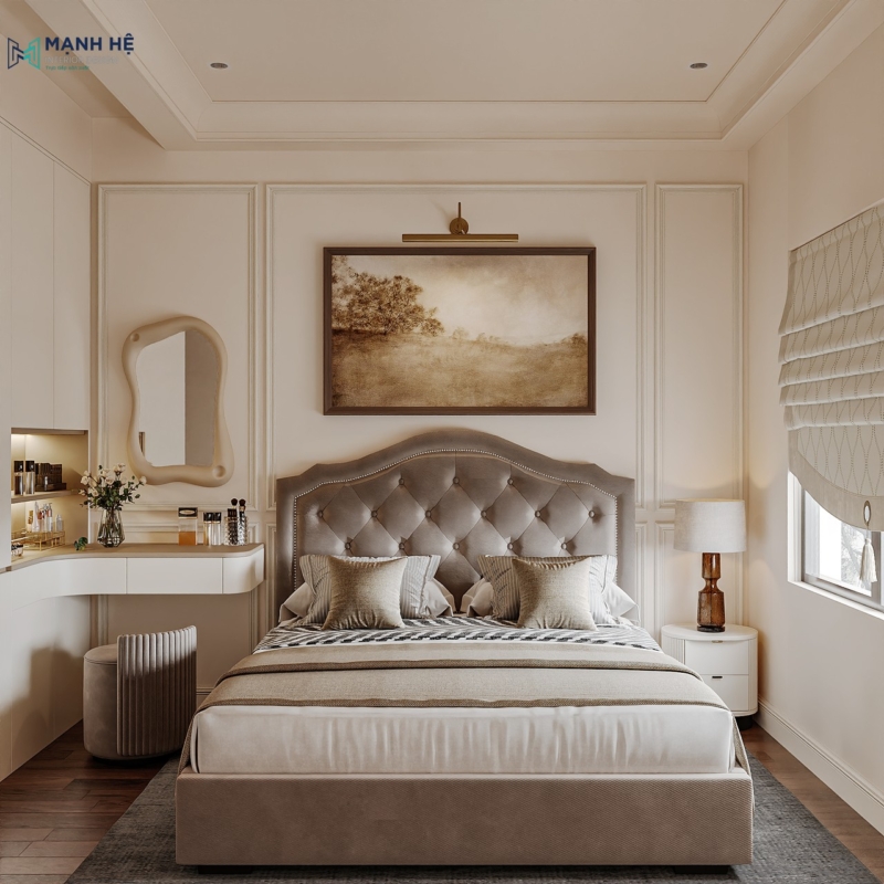 Phòng ngủ chung cư với vách đầu giường chạy phào chỉ cùng tab đầu giường nhỏ màu trắng