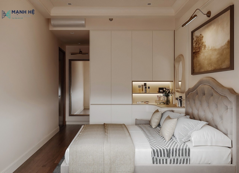 Phòng ngủ chung cư với tủ quần áo kịch trần liền bàn trang điểm kết hợp kệ trang trí cùng gương trang điểm