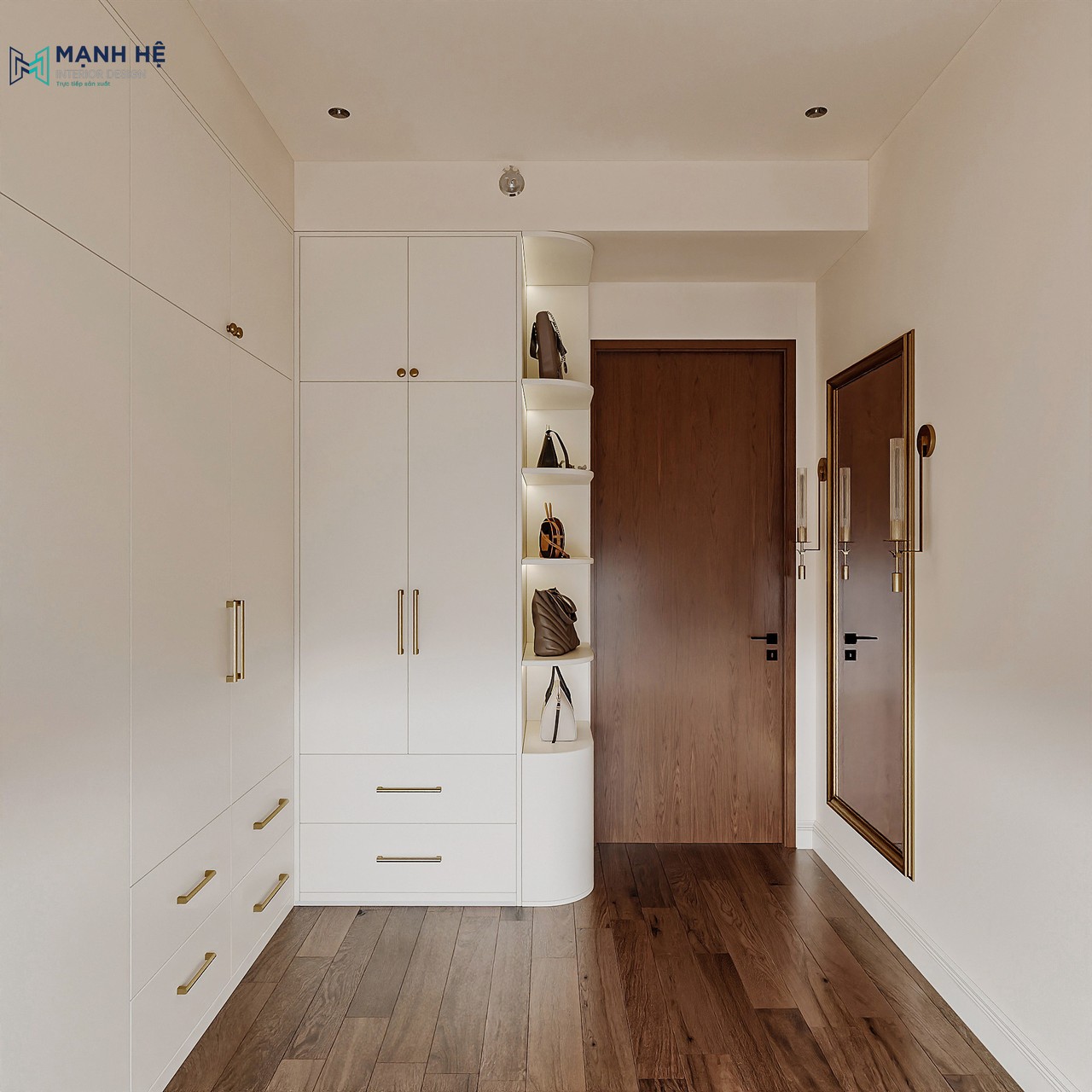 Phòng thay đồ chung cư được bố trí gương treo tường gần cửa ra vào cùng đèn LED âm trần