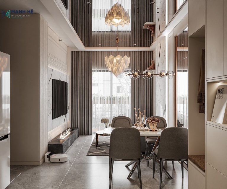 Bộ bàn ăn 4 chỗ ngồi với mặt bàn từ đá nhân tạo giúp tạo vách ngăn tinh tế cho không gian khách - bếp chung cư