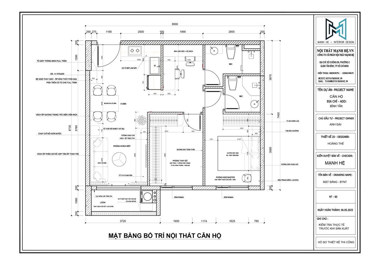 Bản vẽ chi tiết không gian bố trí nội thất trong căn hộ The Privia Khang Điền gồm 2 phòng ngủ