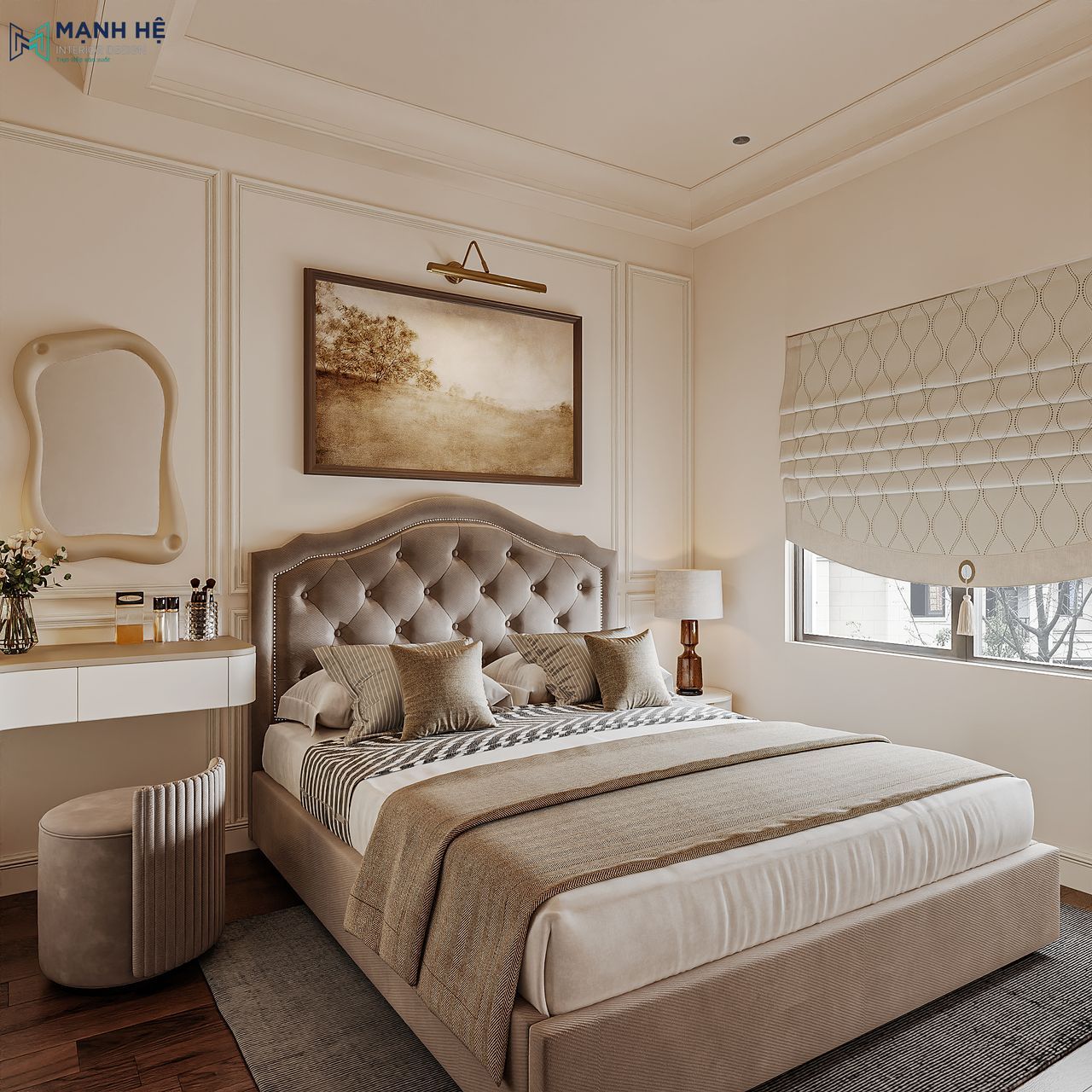 Tổng quan nội thất phòng ngủ nhỏ với thiết kế tân cổ điển nổi bật với gam màu trắng, be chủ đạo