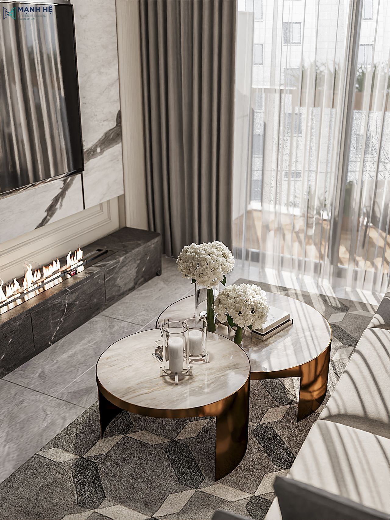 Thiết kế bàn trà đôi mặt đá kết hợp thảm trải sàn mềm mại làm điểm nhấn sang trọng cho không gian phòng khách