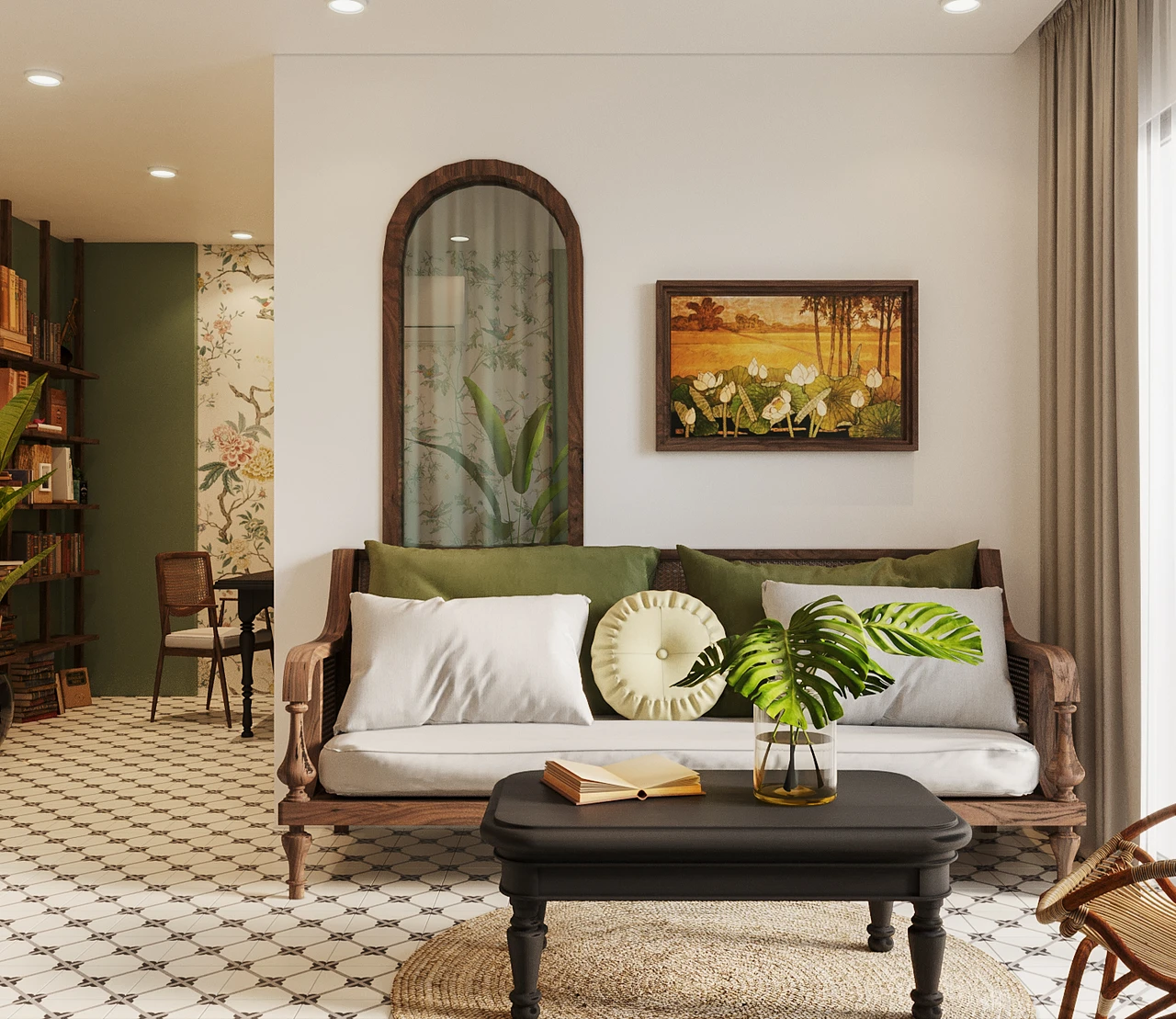 Phòng khách chung cư 50m2 phong cách Indochine với bàn trà đen bo góc kết hợp ghế sofa gỗ tự nhiên