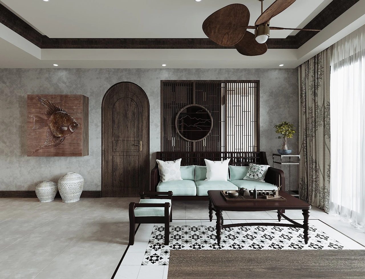 Thiết kế nội thất phòng khách phong cách Indochine căn hộ với vách sofa lam gỗ cùng cửa ra vào hình vòm và trần giật cấp