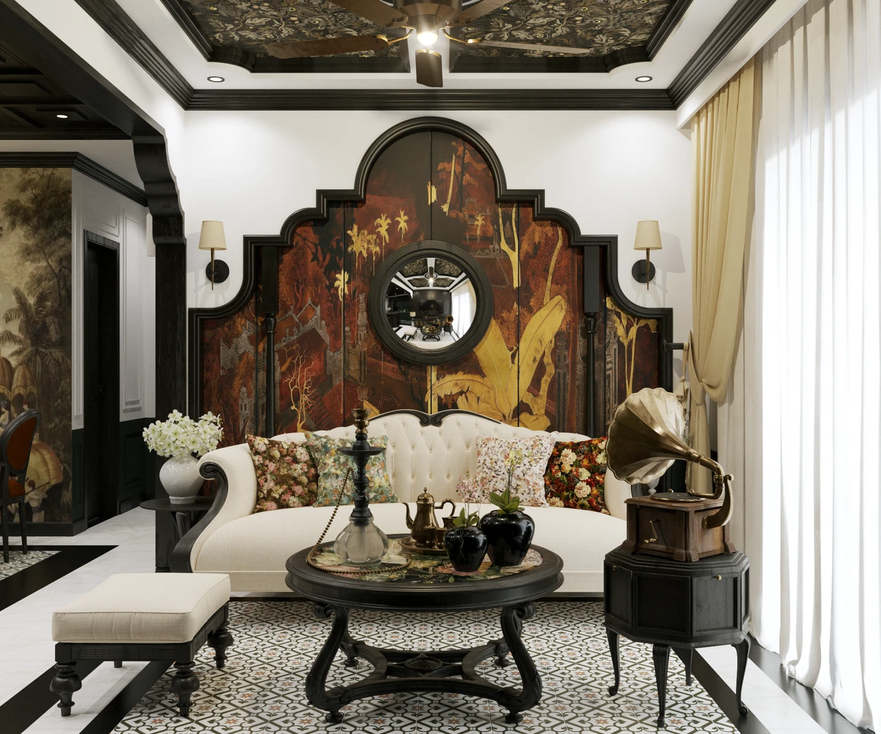 Phong cách Indochine truyền thống tại phòng khách chung cư thể hiện qua vách sofa viền gỗ cùng bàn trà đen mặt đá nhân tạo