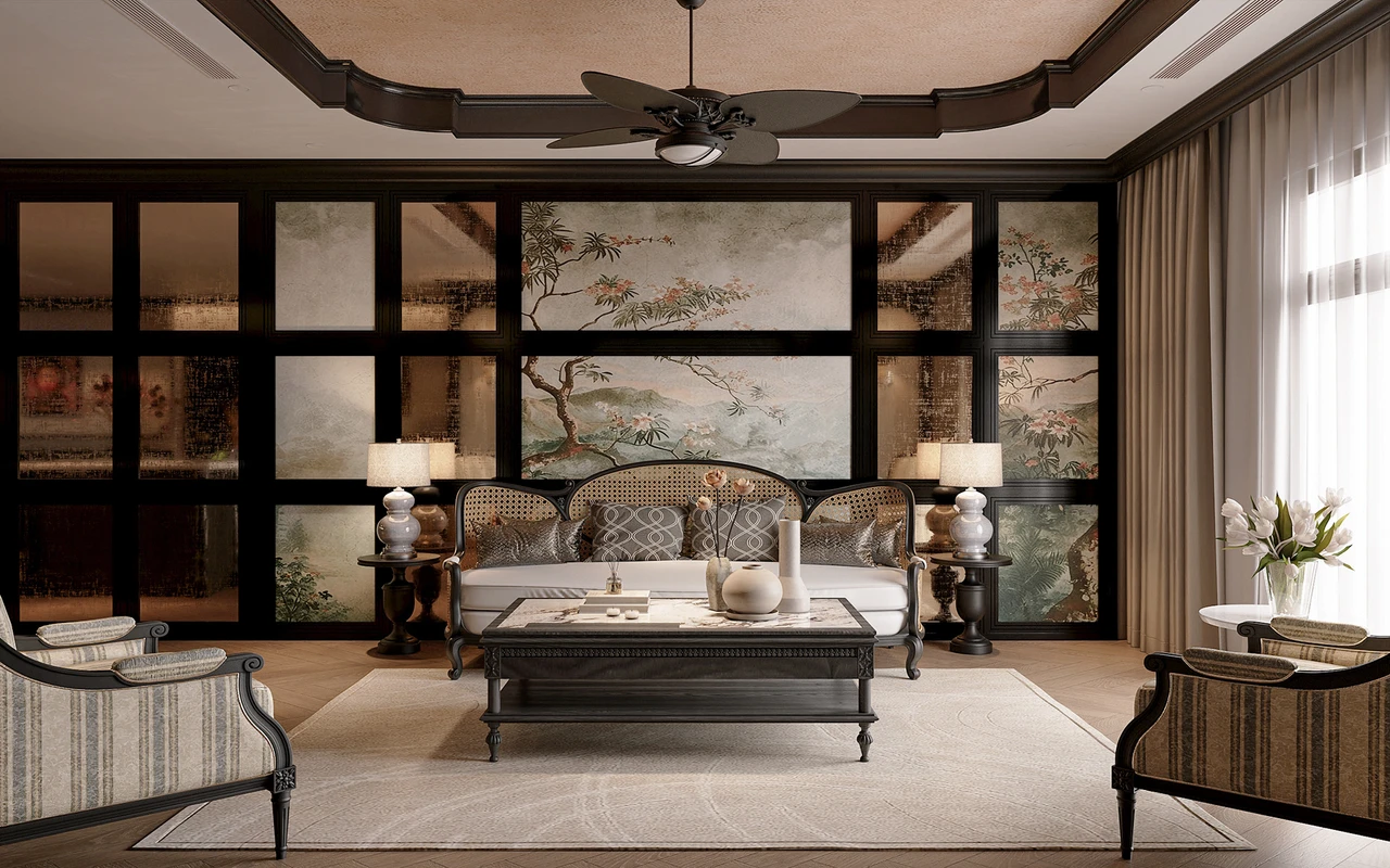 Ánh sáng tự nhiên từ cửa sổ và sắc be từ sofa, rèm cửa giúp không gian chung cư Indochine nhã nhặn