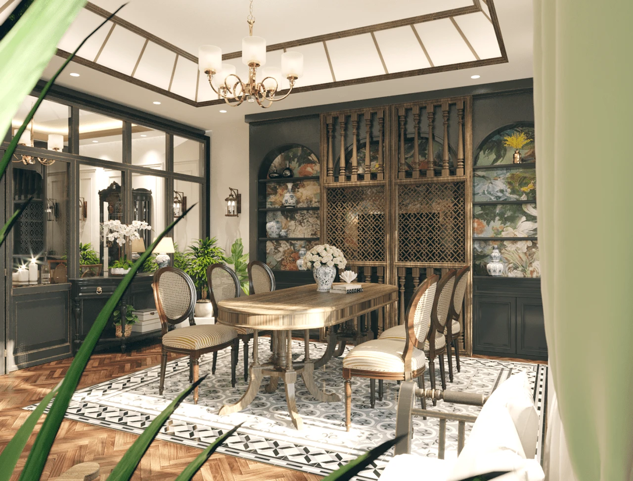 Căn hộ phong cách Indochine phối hợp Tropical được trang trí cây xanh và bộ bàn ăn gỗ tự nhiên được chạm khắc tinh xảo