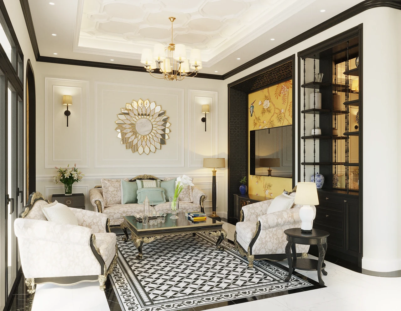 Thiết kế chung cư theo phong cách Indochine với bộ bàn ghế gỗ tự nhiên điểm xuyết mây đan và hệ đèn LED âm trần hiện đại