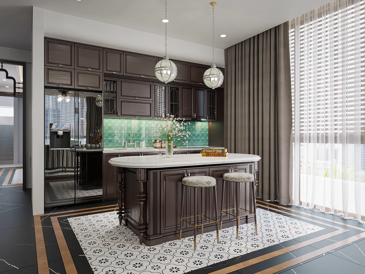 Mẫu phòng bếp chung cư thiết kế theo phong cách Indochine với hệ tủ bếp chữ I kịch trần cùng bàn đảo bếp trạm trổ và mặt đá nhân tạo