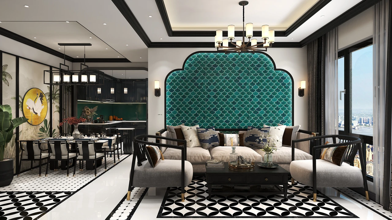 Toàn bộ không gian căn hộ 134m2 phong cách Indochine với vách sofa trang trí gạch vảy cá xanh cẩm thạch