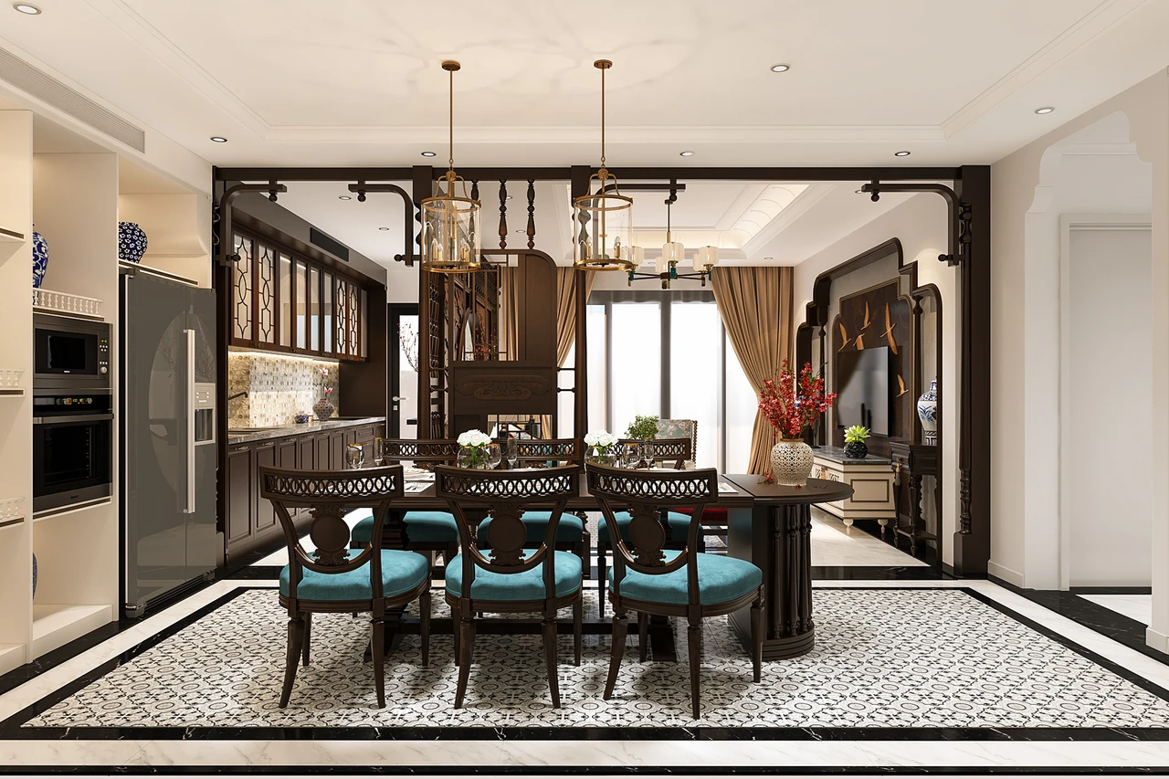Căn bếp Indochine với gạch lát sàn họa tiết cùng bộ bàn ăn chạm khắc màu nâu gỗ trầm