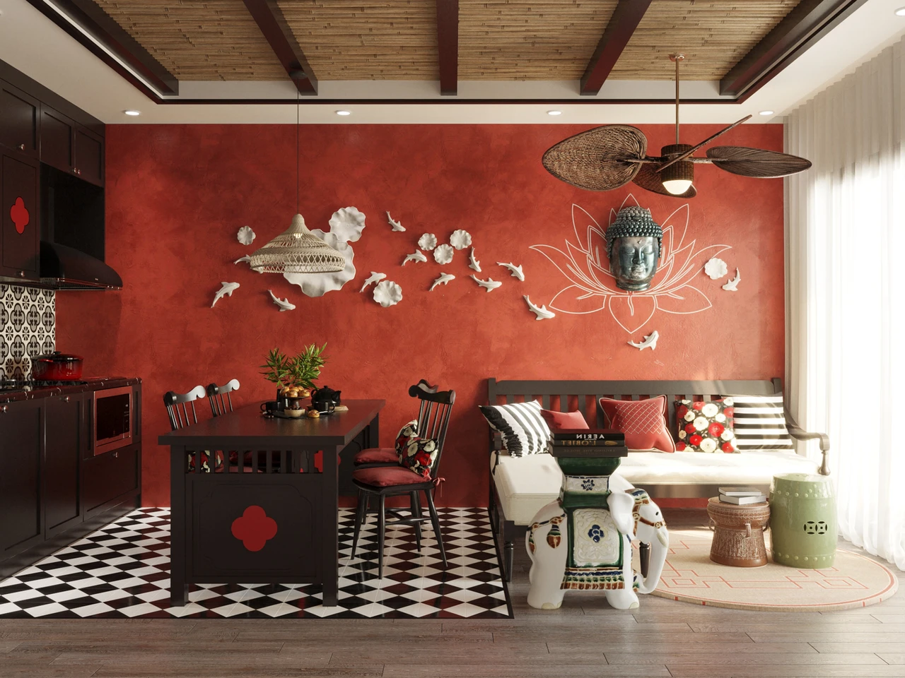 Phòng khách chung cư Indochine với vách tường màu đỏ được trang trí tượng phật cùng họa tiết hoa sen