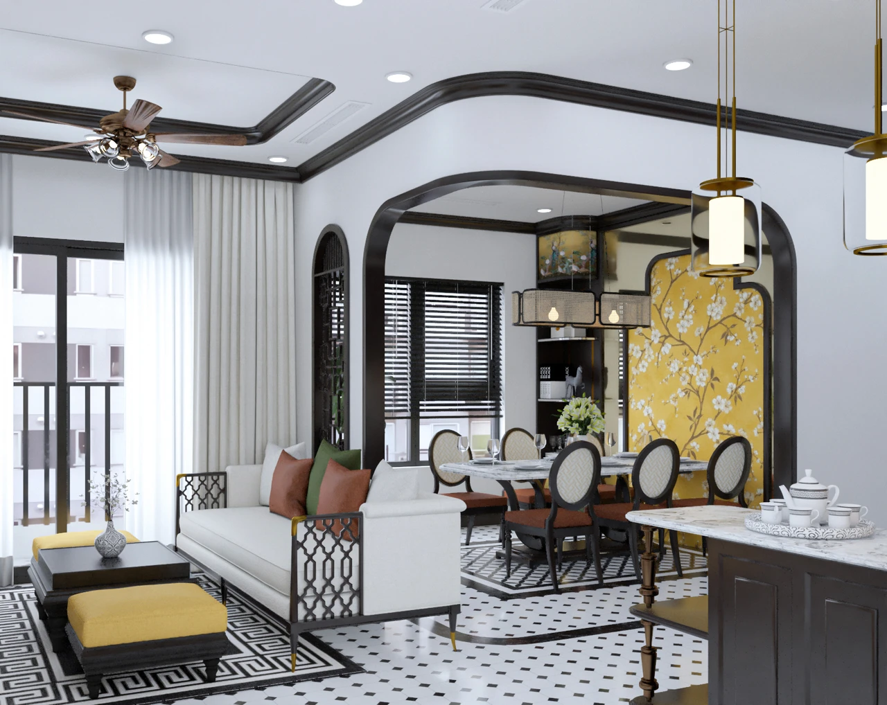 Không gian phòng khách liền phòng ăn phong cách Indochine với ghế sofa và bộ bàn ăn 6 chỗ ngồi tại căn hộ 120m2