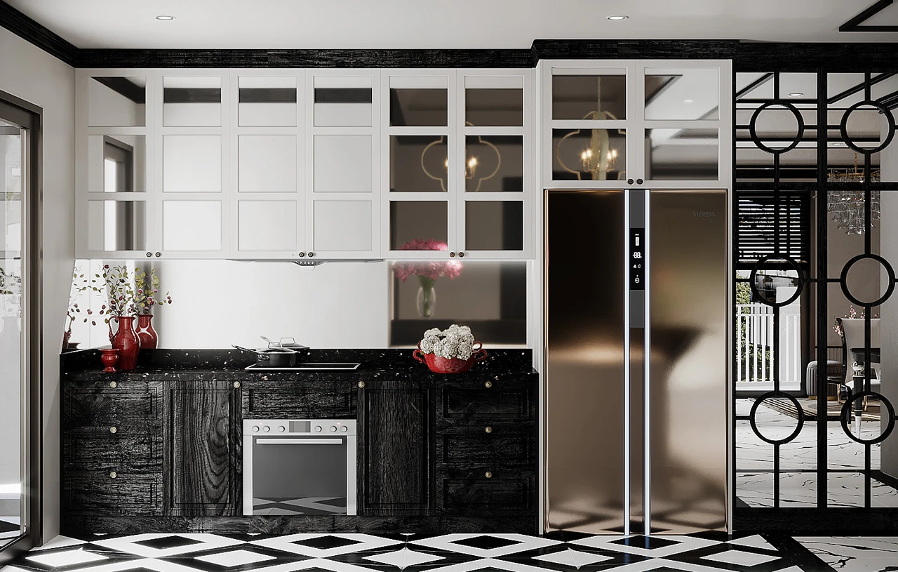 Căn bếp chung cư phong cách Indochine với tủ bếp trên cửa cánh kính viền gỗ tích hợp khu vực tủ lạnh