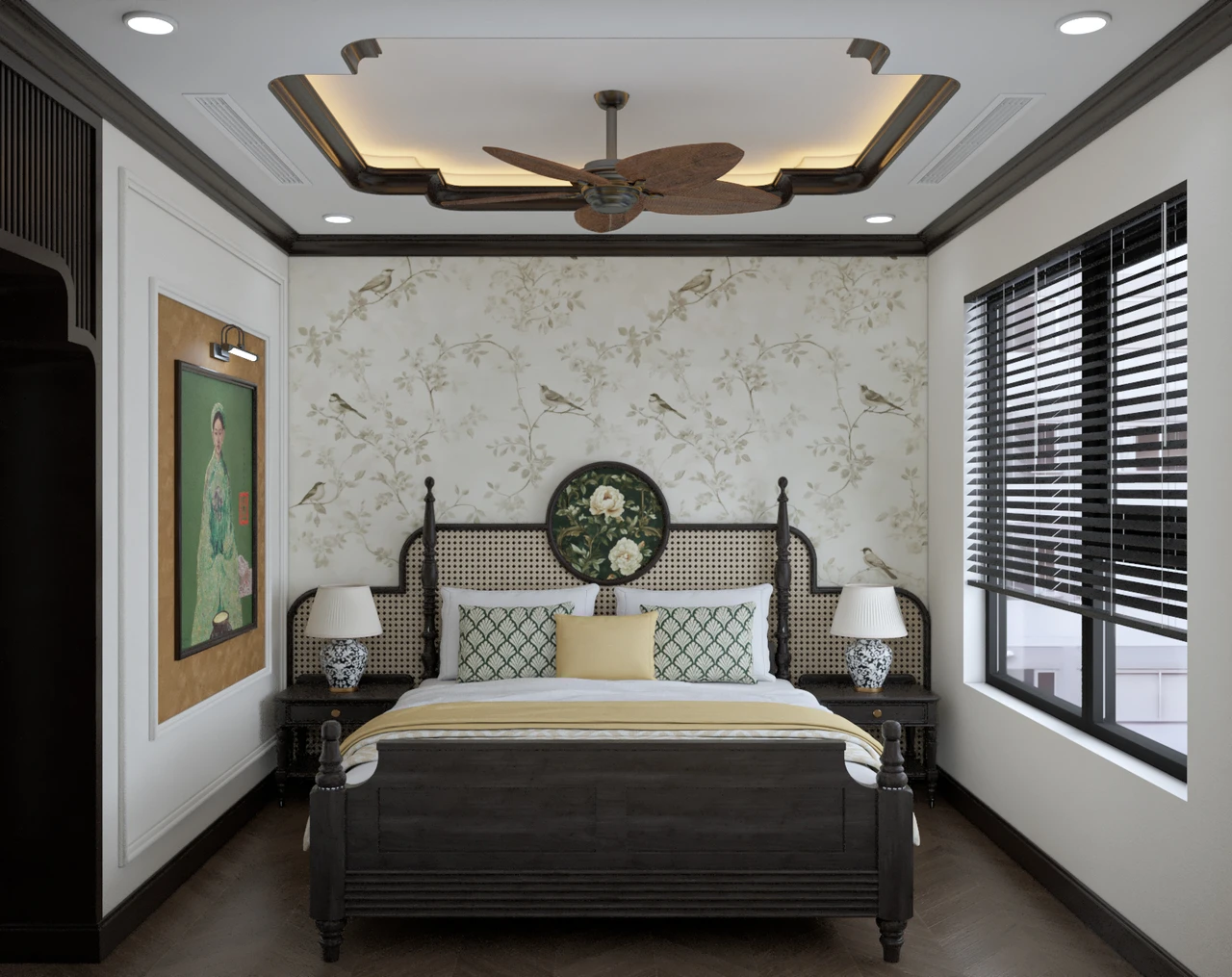 Phòng ngủ 2 chung cư 120m2 với giường ngủ gỗ công nghiệp màu đen kết hợp vách đầu giường đan lát cùng giấy dán tường họa tiết chim và hoa