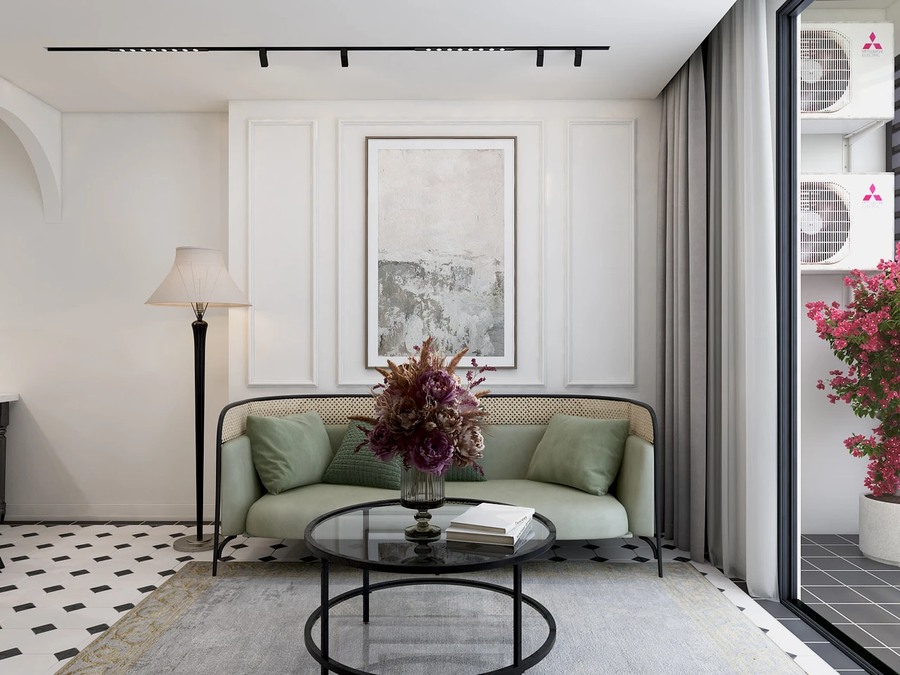 Căn hộ Indochine kết hợp minimalism với ghế sofa mây tre và gam màu trắng chủ đạo cùng gạch lát sàn họa tiết hình thoi đơn giản