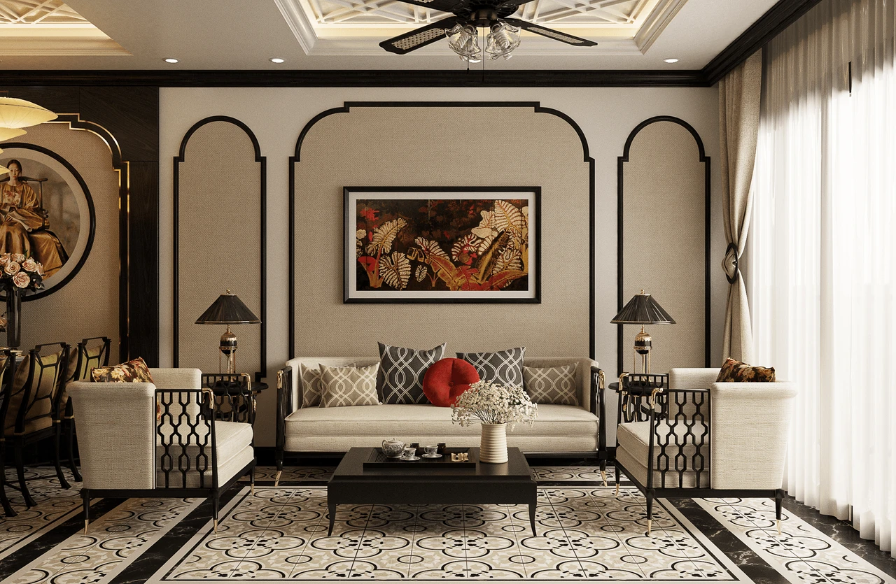 Phòng khách chung cư với phong cách Indochine hiện đại cùng bộ ghế sofa gỗ tự nhiên lót đệm và hệ thống chiếu sáng âm trần