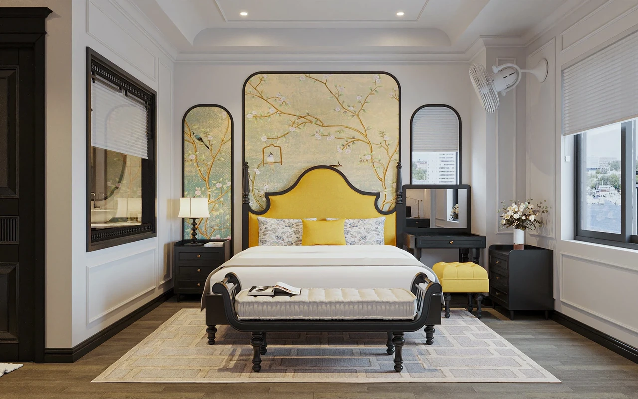 Phòng ngủ căn hộ Indochine được trang trí vách đầu giường uốn cong kết hợp giấy dán tường tone vàng