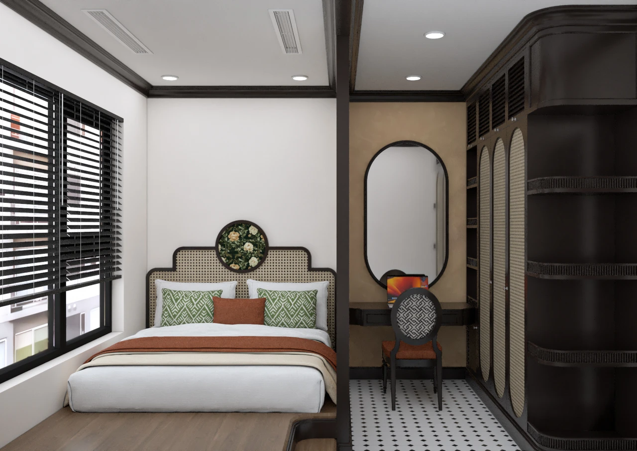 Phòng ngủ chung cư 120m2 với thiết kế giường bục cùng hệ tủ quần áo liền bàn trang điểm chạm khắc phong cách Indochine kết hợp gương