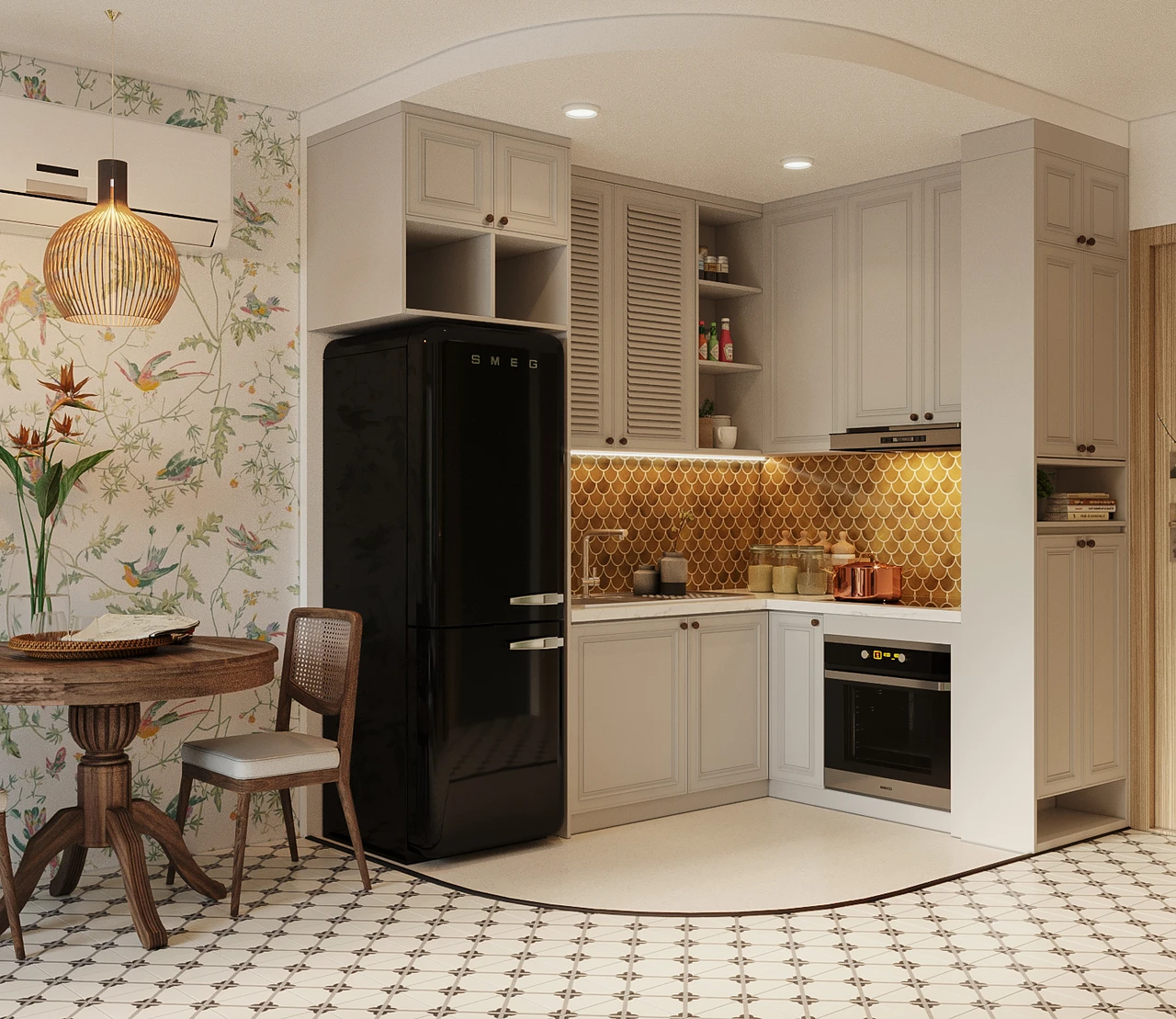 Khu vực nấu ăn với hệ tủ bếp chữ L kịch trần nhỏ gọn cho chung cư Indochine 50m2