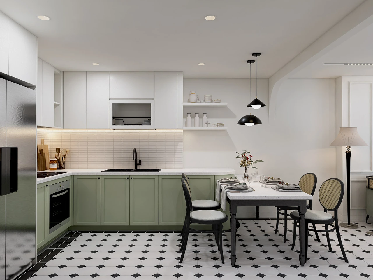 Phong cách Indochine tối giản cùng tủ bếp chữ L kịch trần cánh trơn và cánh có tay nắm cửa cùng bộ bàn ăn gỗ tự nhiên cho thiết kế chung cư