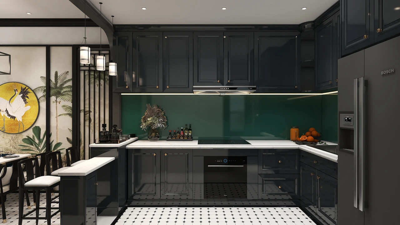 Căn bếp chung cư Indochine với hệ tủ bếp chữ U kịch trần tone đen kết hợp kính ốp bếp xanh thẫm ấn tượng