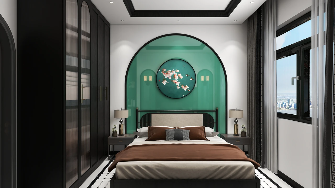 Nội thất phòng ngủ phong cách Indochine căn hộ 134m2 với vách đầu giường ốp kính xanh ngọc cùng tủ quần áo kịch trần
