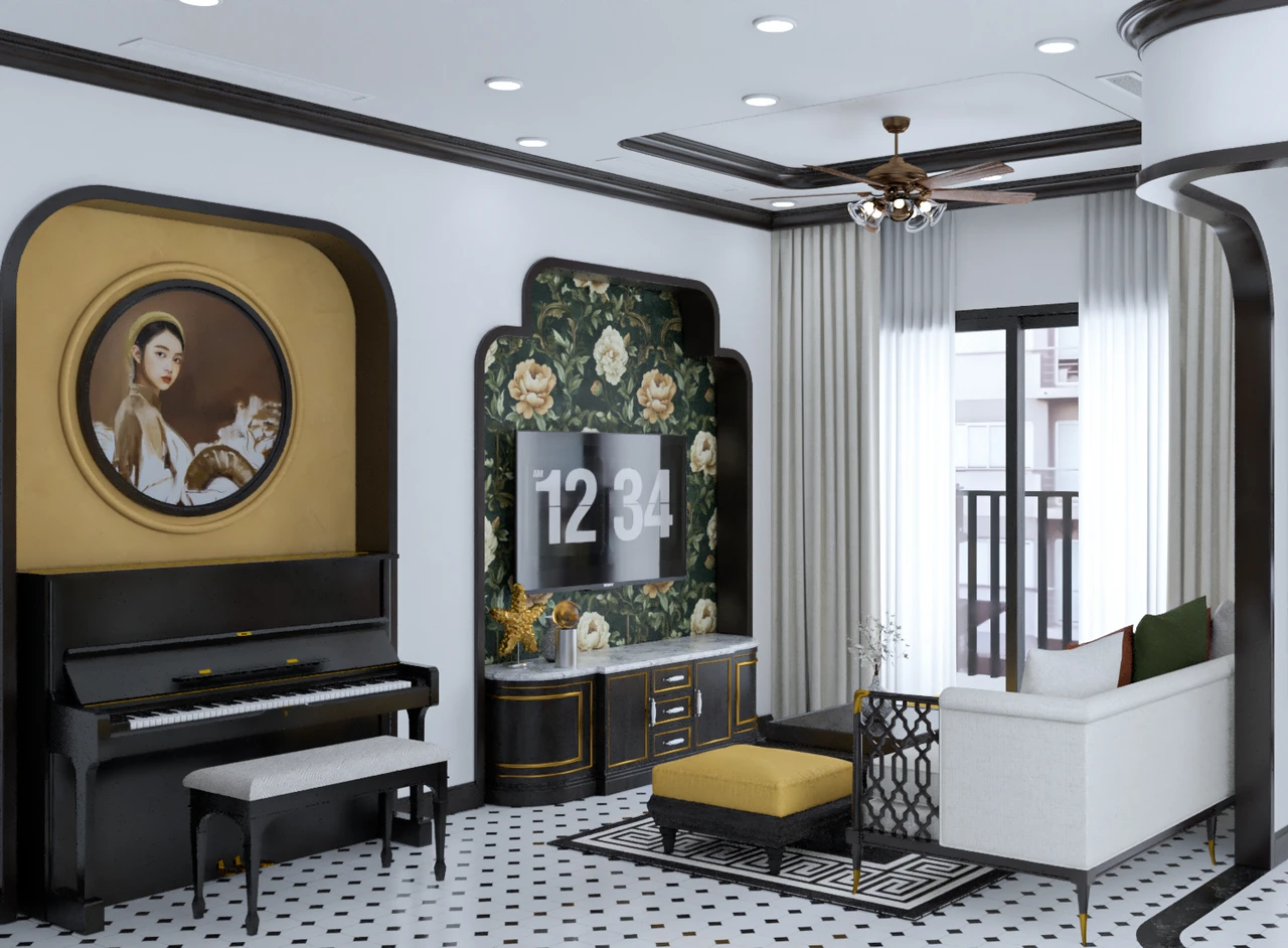 Phòng khách căn hộ 120m2 với kệ tivi bo góc viền ánh kim kết hợp vách tivi họa tiết hoa hồng phong cách Indochine