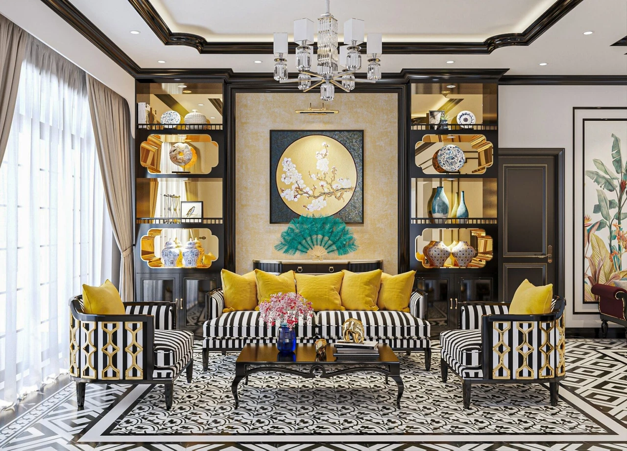 Chung cư Indochine với vách sofa tone vàng kết hợp hệ tủ trang trí gam màu trung tính kết hợp vàng kim bóng loáng