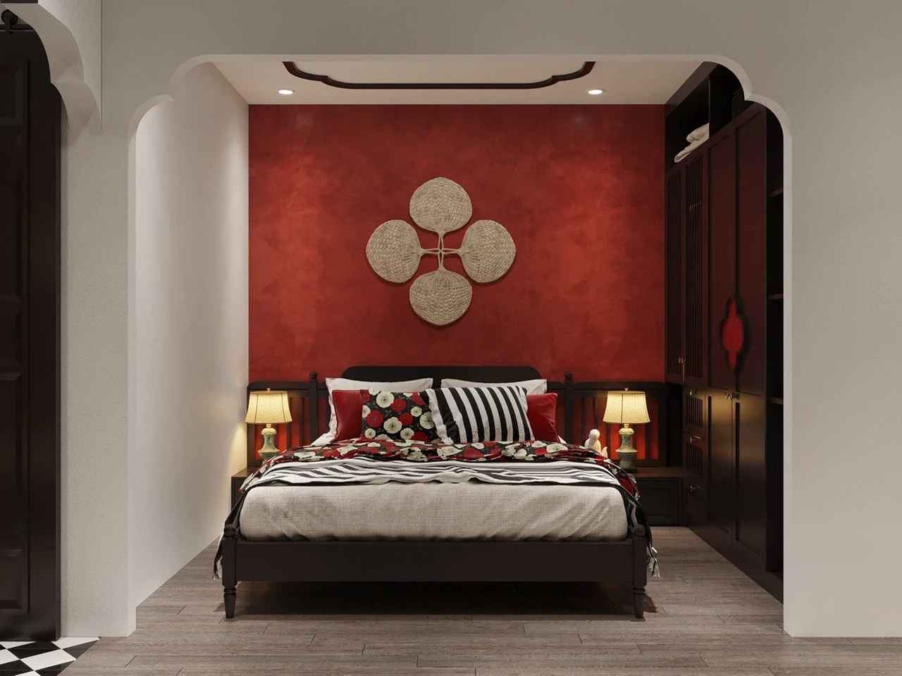 Phòng ngủ chung cư phong cách Indochine được tô điểm với tường đầu giường sơn tone đỏ nổi bật trên nền trắng chủ đạo