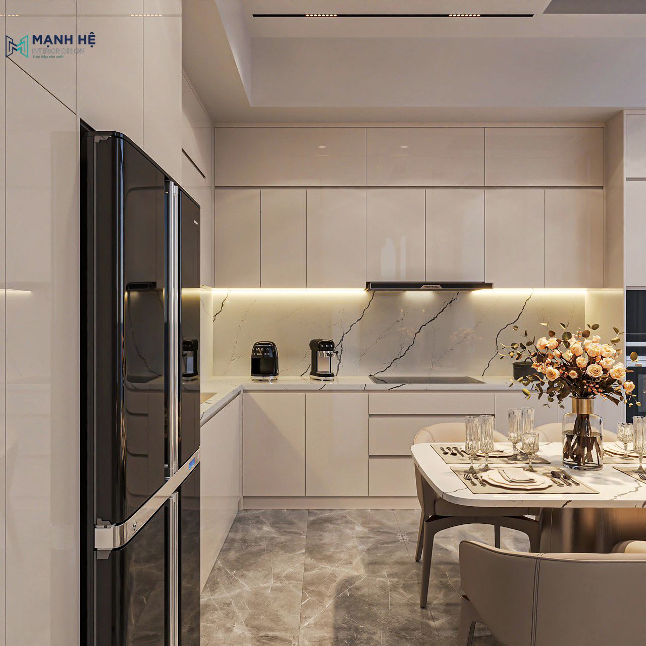 Hệ tủ bếp chữ L kịch trần phủ acrylic tích hợp khu vực máy hút mùi trong căn bếp nhà phố