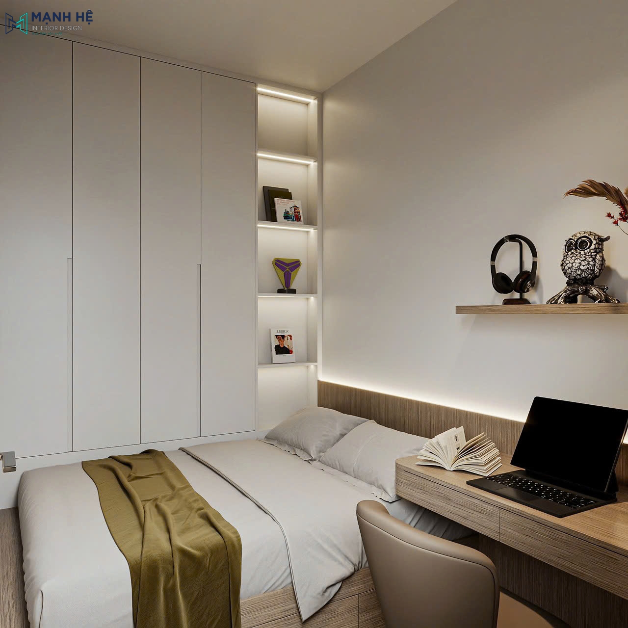 Tổng thể phòng ngủ nhà ống mang vẻ đẹp nhẹ nhàng với hệ đèn led ấm cùng nội thất thông minh tạo sự liền mạch đầy ấn tượng
