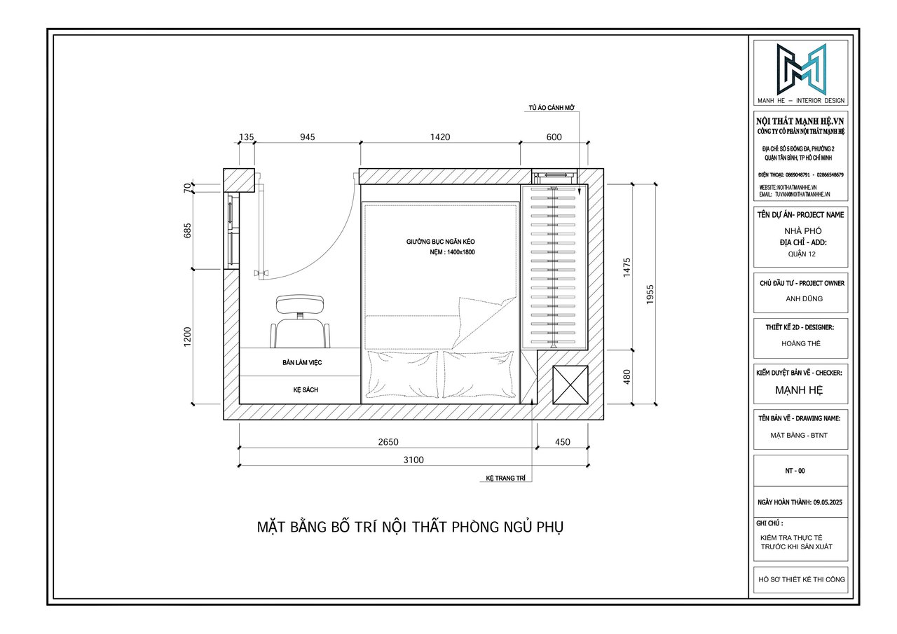 Bản vẽ chi tiết mặt bằng phòng ngủ phụ của nhà phố Quận 12 tại Mạnh Hệ