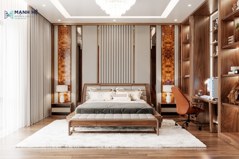Phòng ngủ với vách đầu giường kết hợp đường gỗ nổi cùng đường ron vàng và đá hoa cương