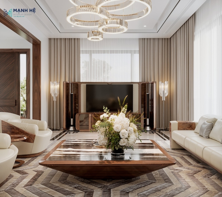 Kệ tivi được chạm khắc tinh xảo với đường nét phẳng thanh lịch kết hợp góc bo cong cùng vách sau tivi được thiết kế cách điệu độc đáo