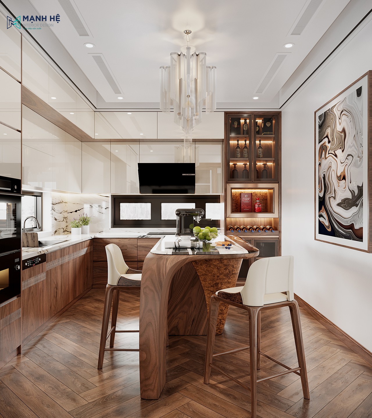 Hệ tủ bếp chữ L phủ veneer kết hợp tủ trên kịch trần phủ acrylic với tay nắm âm