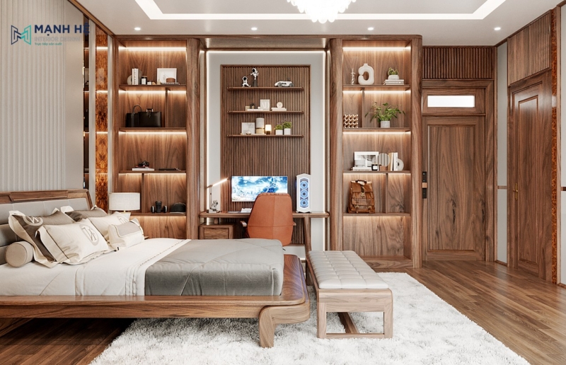 Căn phòng gồm kệ trang trí kết hợp bàn làm việc với đèn hắt tủ với bề mặt họa tiết vân gỗ